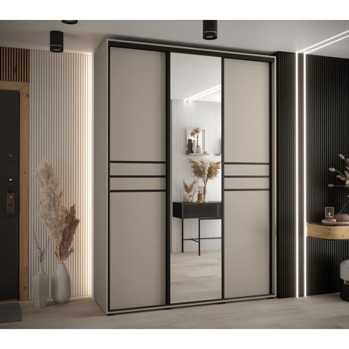 Sliding Wardrobe - NELSON 3 Door Mirrored Wardrobe Beige 170cm