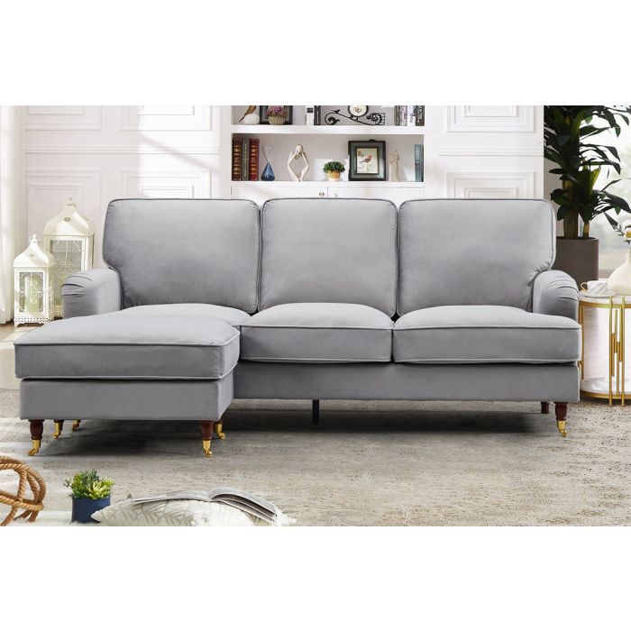 VELARO Velvet 3 Seater Reversible Corner Sofa - Grey
