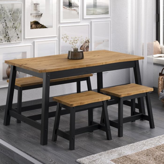 CECILIA 150cm Kitchen Dining Table and 3 Bench Set - Black and Oak