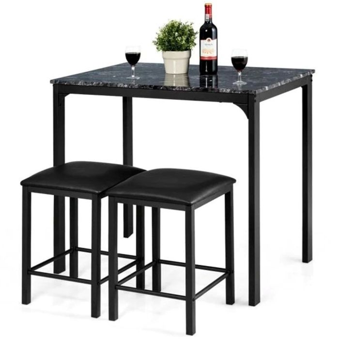 Dining Table Set - 3 Piece Dining Table Set with 2 Faux Leather Backless Stools-Black