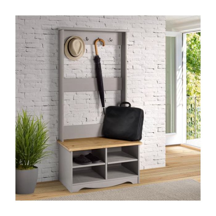 Ethans Hall Shoe Bench with Hat and Coat Rack - Grey