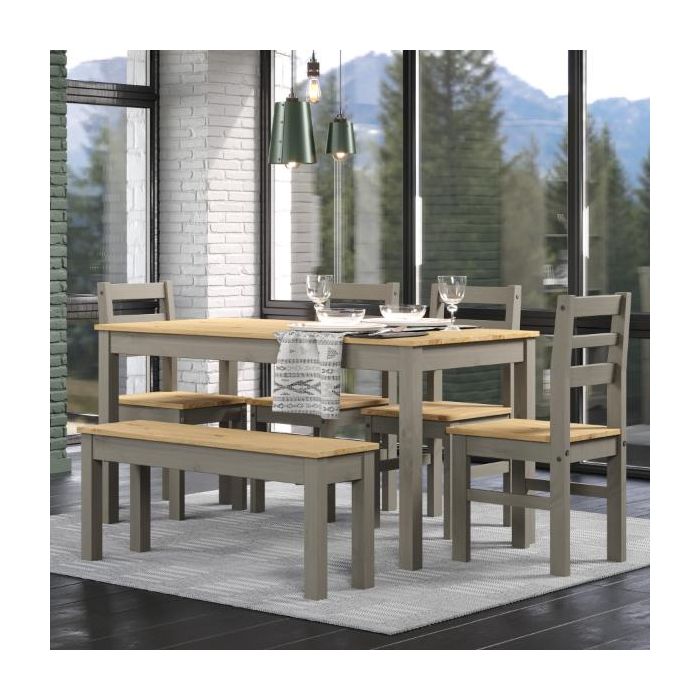 Ethans Large Dining Table with 4 Chair and Bench Set - Grey