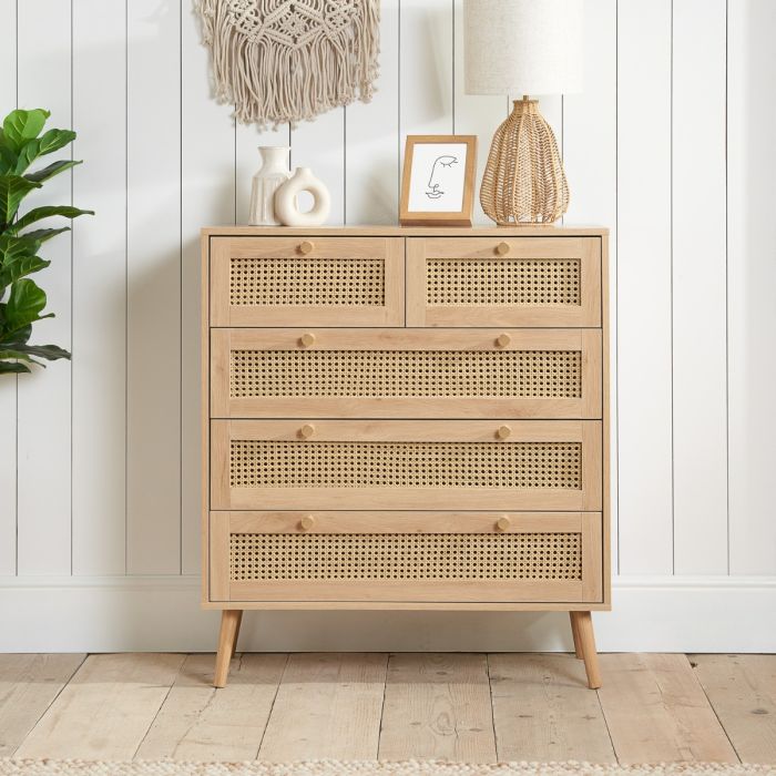 Croxley Rattan Design 5 Drawers Chest - Oak