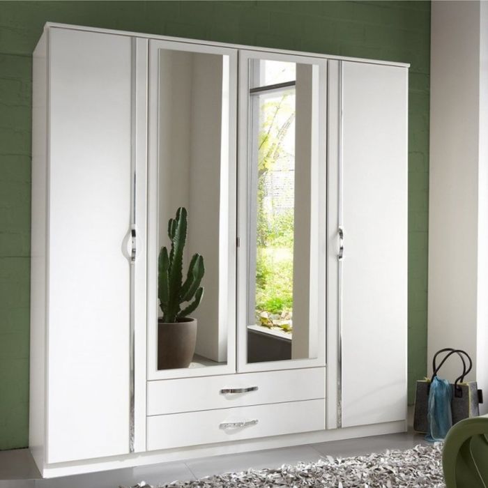Dewi 4 Door 2 Drawer Mirrored Wardrobe - White