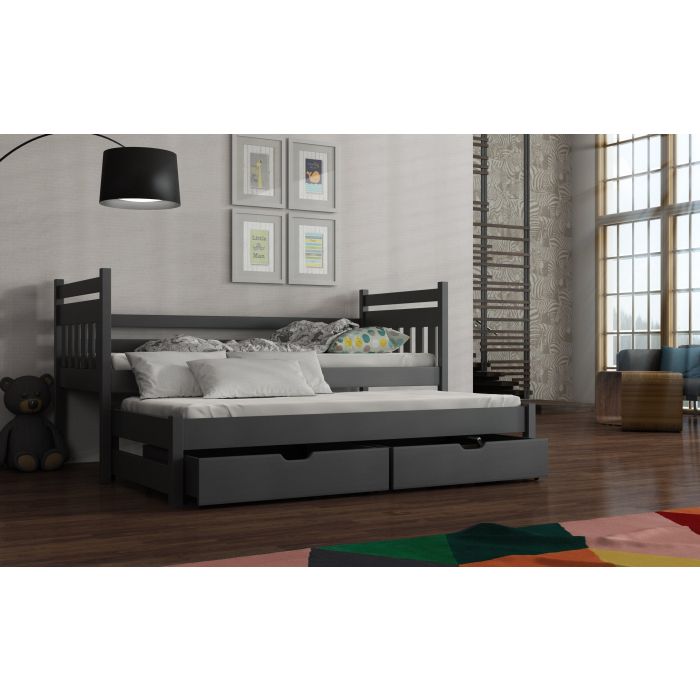 NEIL Wooden 2 Drawers Storage Double Bed with Trundle and Foam Mattress - Graphite