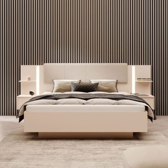 Vienna Vogue Kingsize Ottoman Bed with Bedside Cabinets - Beige