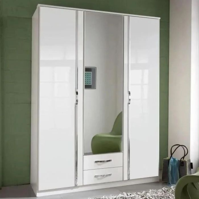 DAYTON 3 Door Mirrored Wardrobe with 2 Drawers Gloss White - 135cm