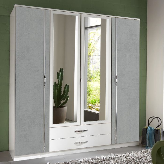 Dewi 4 Door Wardrobe Mirrored with 2 Drawers - White and Grey