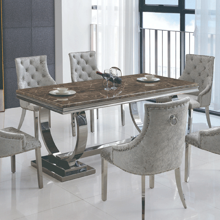 Marlow Marble Effect Dining Table Natural Stone Elegance with Silver Base - Lacquer Finish