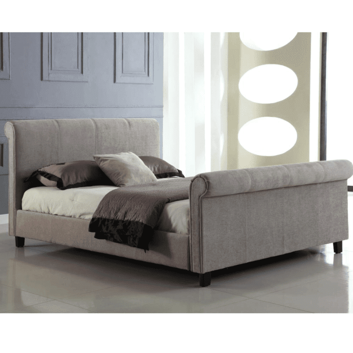 Okehampton Luxury Chenille Mink Bed Frame Stylish Round Headboard Design - Double 4ft6