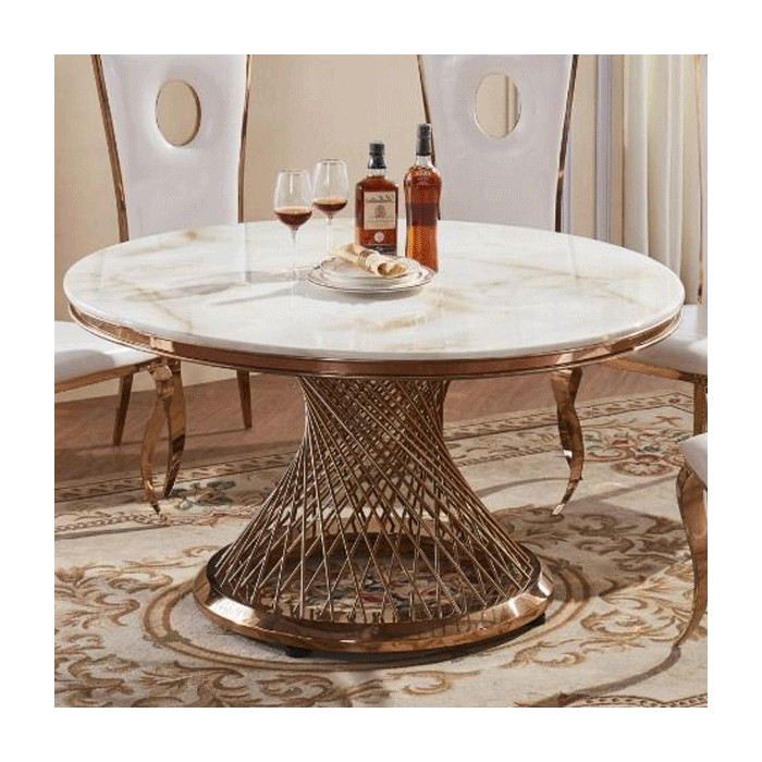 Fontana Circular Marble Effect Dining Table with Lacquer Finish and Stainless Steel Base in Rose Gold