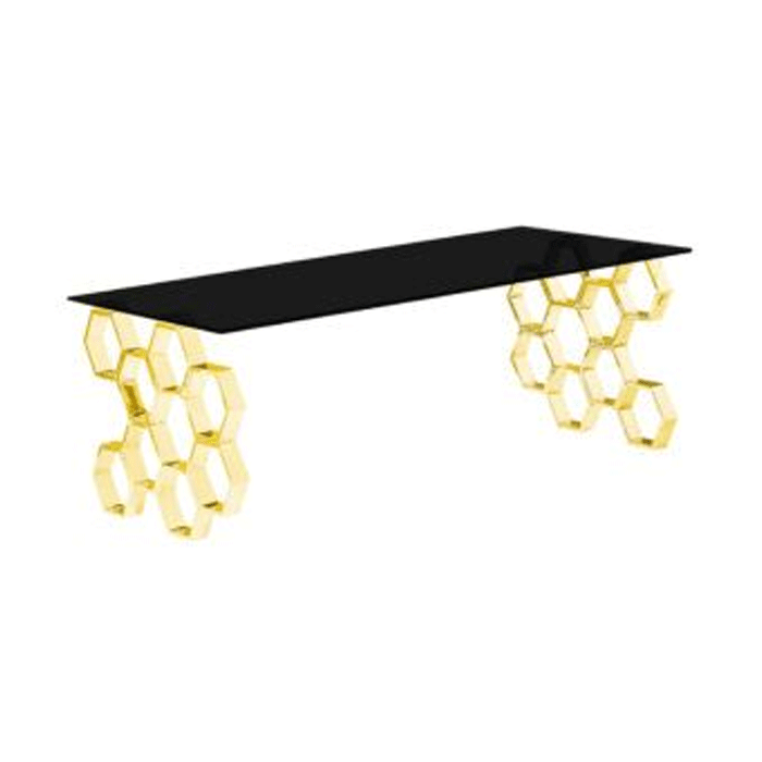 Calistoga Rectangular Stylish Golden Frame Coffee Table in Black Glass Top