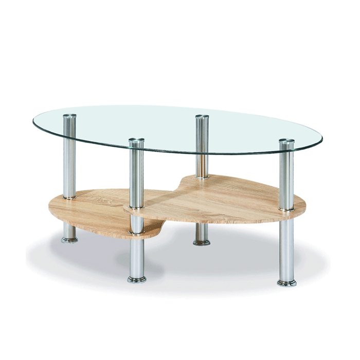 Matlock Oval Glass Coffee Table with Stylish Shelving in Stainless Steel Frame - Natural