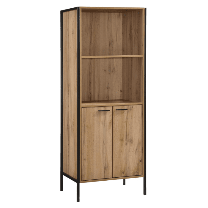 Wenatchee 2-Door Bookcase Oak Effect with Black Metal Frame