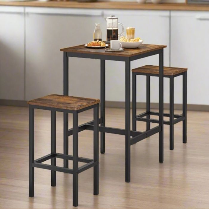 ORIVANE Dining Set Compact Table and 2 Chairs with Footrests - Rustic Brown and Black
