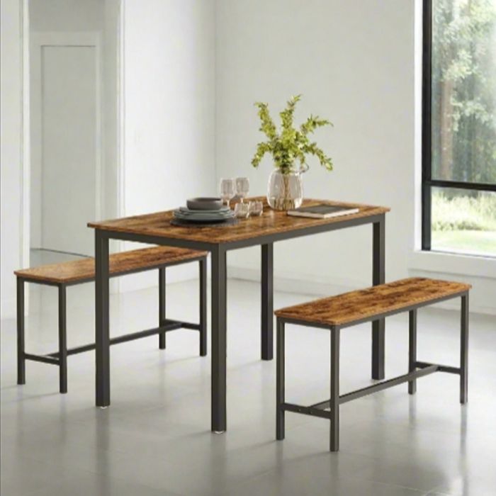 NOVATRA Dining Set 3-Piece Table and 2 Benches for 4 People - Rustic Brown and Black