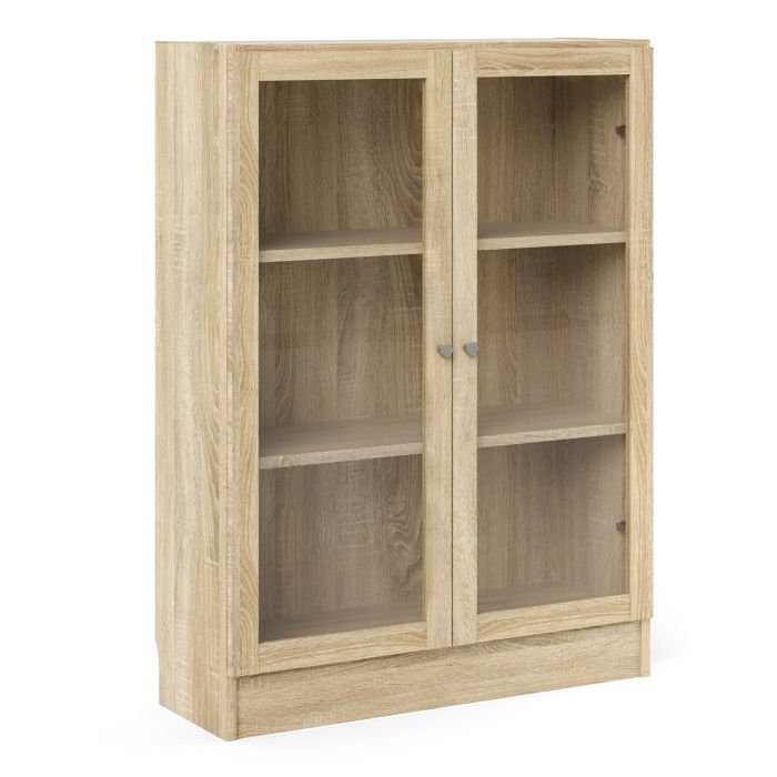 WRAYNE Low Wide Display Cabinet with 2 Shelves and 2 Glass Doors - Oak