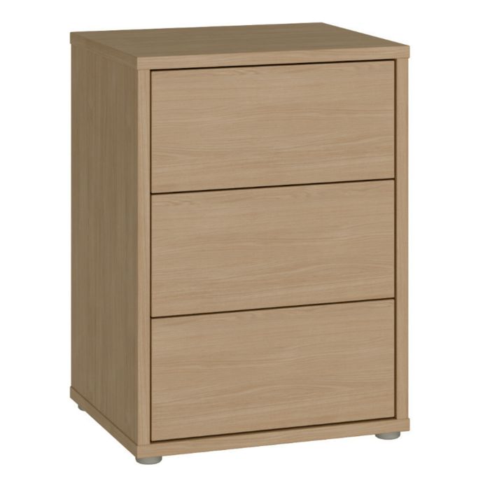 AVELINE Bedside Table Cabinet with 3 Push to Open Drawers - Elegancia Oak