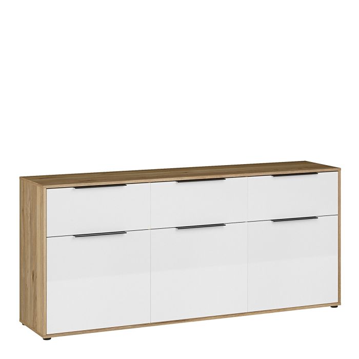 NORDELL 3 Drawer Sideboard with 3 Doors - Mauvella Oak with White Gloss