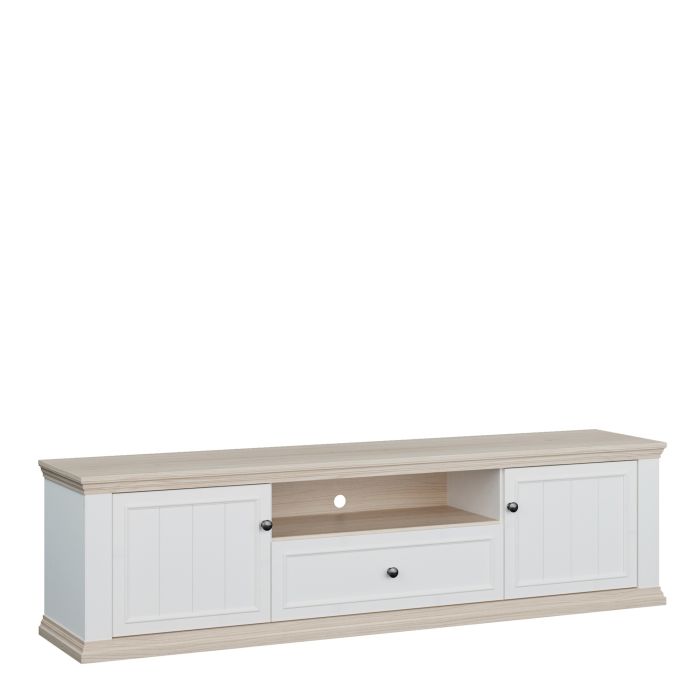 ELMRIDGE Wide TV Unit Cabinet with 2 Doors, Drawer and Open Shelf - White with Riva Oak