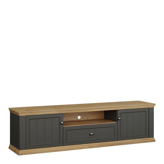 ELMRIDGE Wide TV Unit Cabinet with 2 Doors, Drawer and Open Shelf - Grey with Mauvella Oak