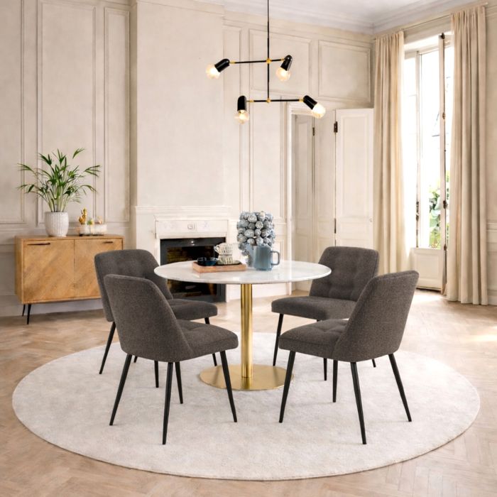 TRENTON Round White Marble Top and Gold Base Dining Table with 4 Brooke Chairs - Taupe