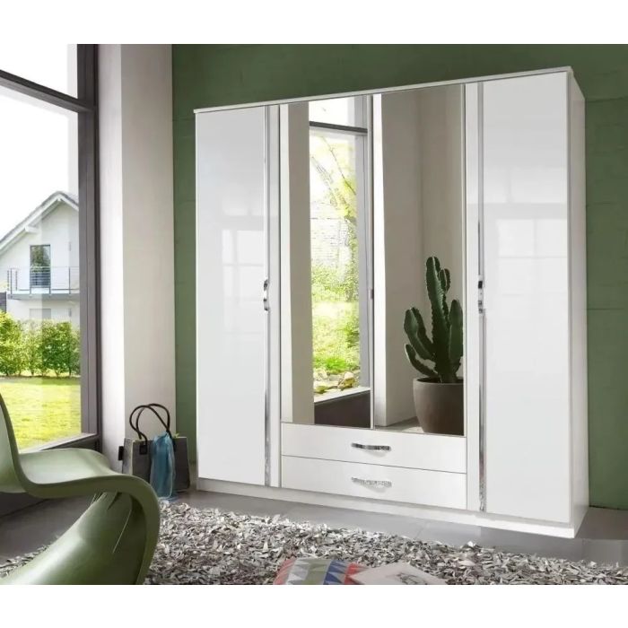 DAYTON 4 Door Mirrored Wardrobe with 2 Drawers Gloss White - 180cm