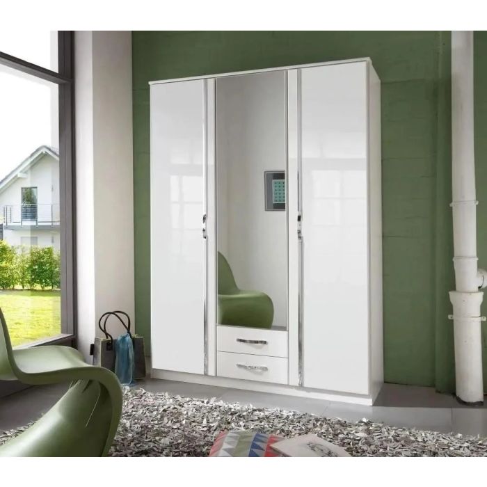 DAYTON 3 Door Mirrored Wardrobe with 2 Drawers Gloss White - 135cm
