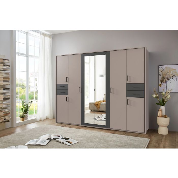 FENTON 6 Door Mirrored Wardrobe with 4 Drawers Grey - 270cm