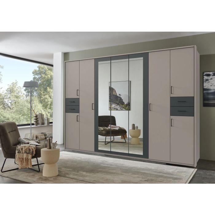 FENTON 7 Door Mirrored Wardrobe with 4 Drawers Grey - 313cm
