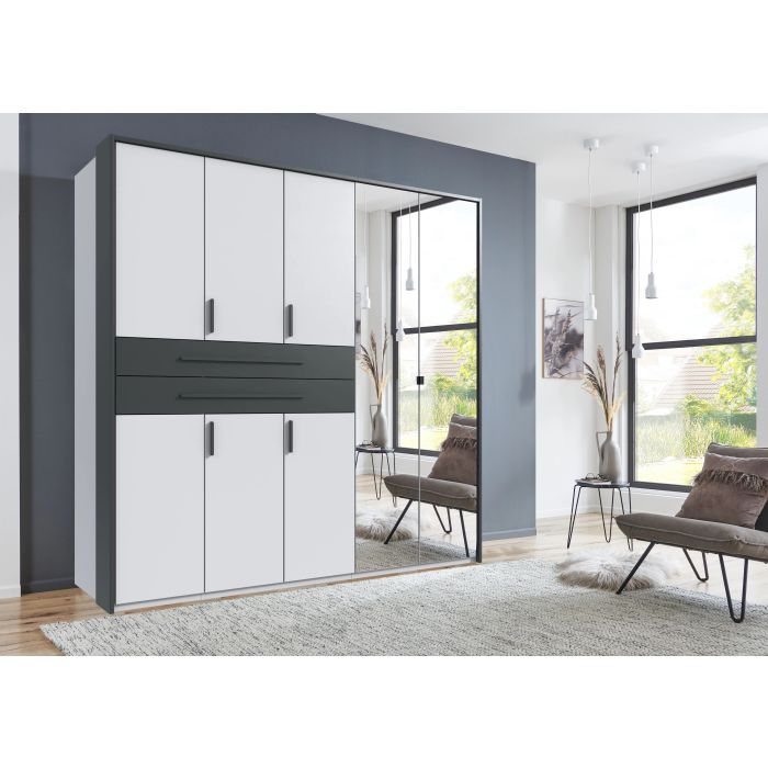 DEXO 5 Door Mirrored Wardrobe with 2 Drawers White - 225cm