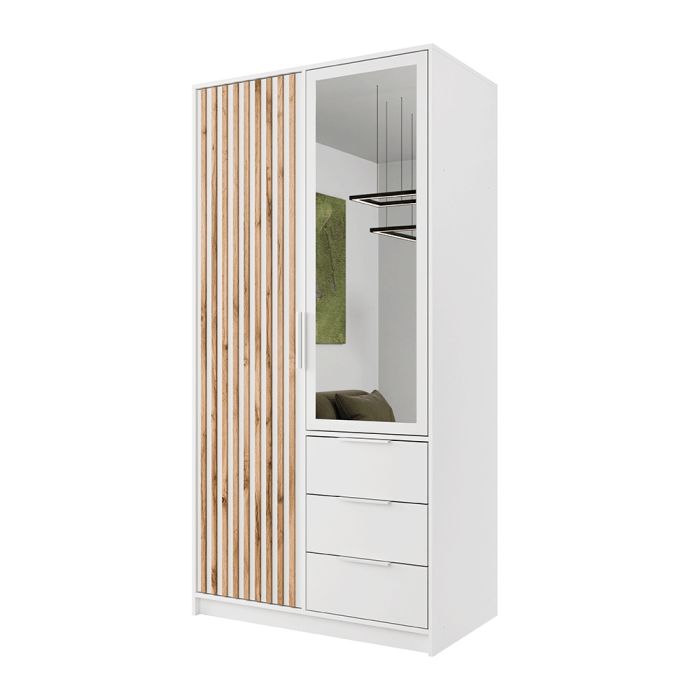 BARNSLEY 2 Door Mirrored Wardrobe with 3 Drawers White - 100cm