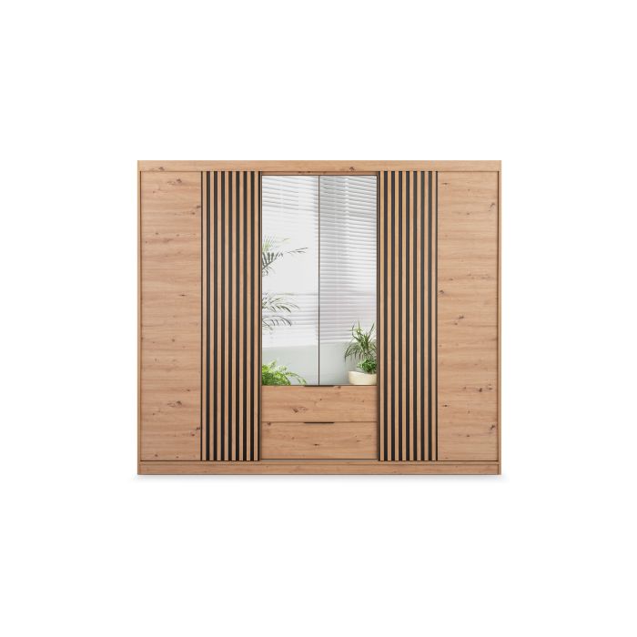 MAJO 4 Door Mirrored Wardrobe with 2 Drawers Medium Oak - 250cm