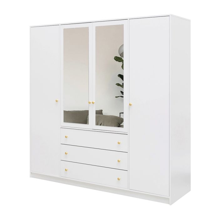 ELVIRO 4 Door Mirrored Wardrobe with 3 Drawers White - 196cm