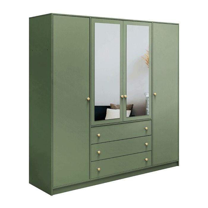 ELVIRO 4 Door Mirrored Wardrobe with 3 Drawers Green - 196cm