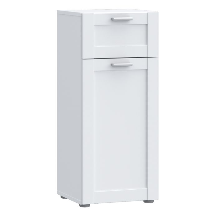 LOKARA Bathroom Storage Cabinet with 1 Door and 1 Drawer, Silver Handles - White