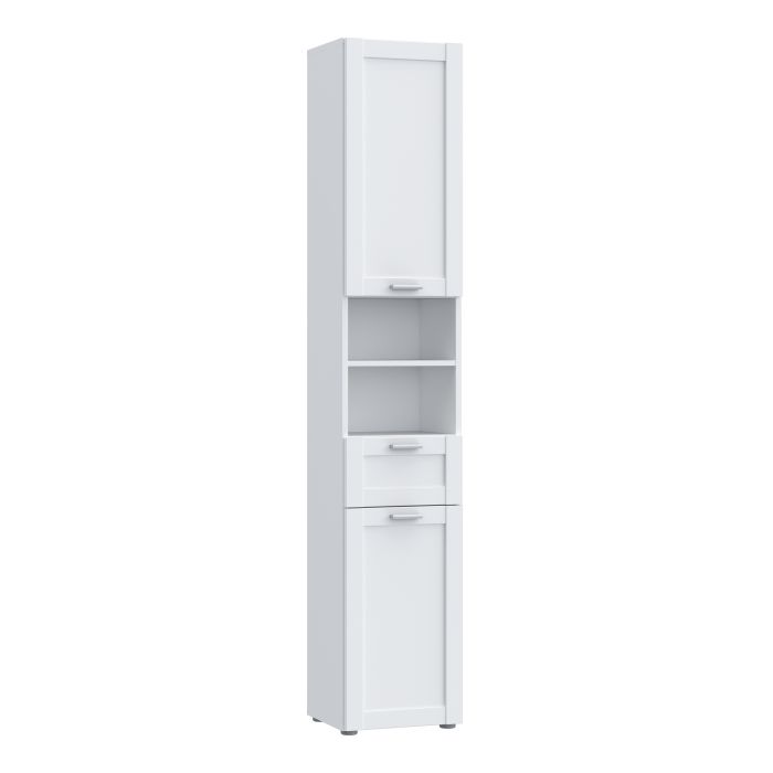 LOKARA Tall Narrow Bathroom Storage Cabinet with 2 Doors and 1 Drawer, Silver Handles - White