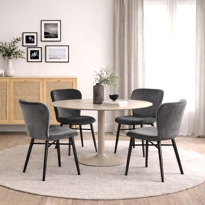 HARVINE Round Dining Table Set with 4 Batilda Dining Chairs - Dark Grey