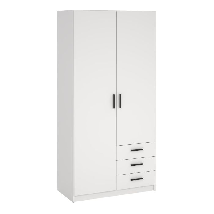 VELOCI 2 Door Wardrobe with 3 Drawers White - 99cm