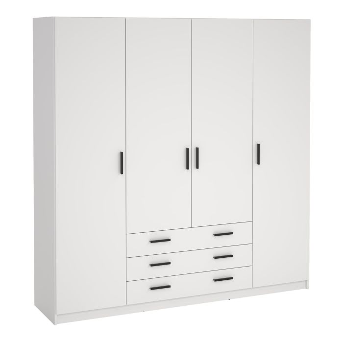 VELOCI 4 Door Wardrobe with 3 Drawers White - 196cm