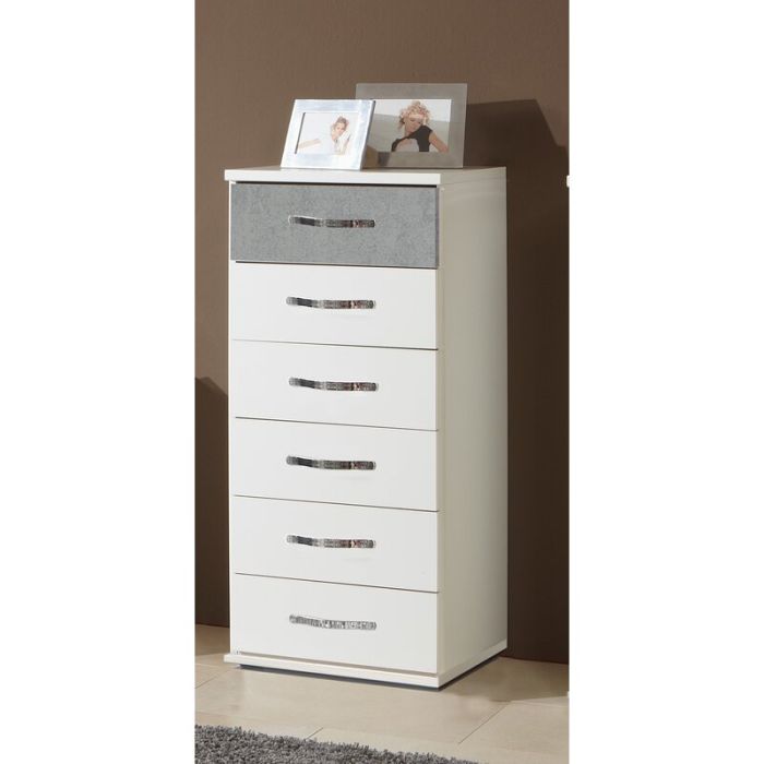 Dewi 6 Drawer Tall Boy Chest of Drawers - White and Grey