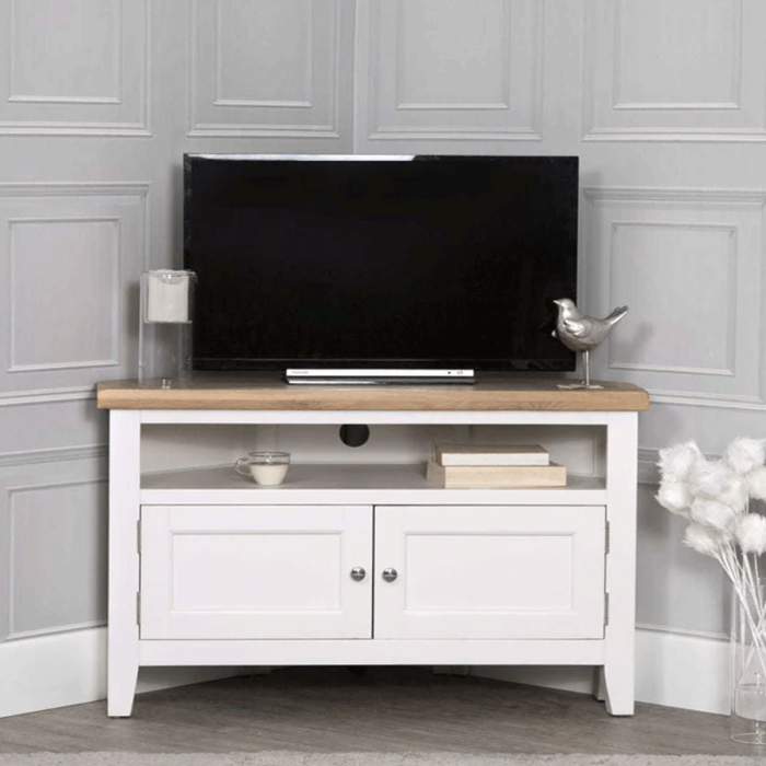 Quantum Corner Media Unit with Oak Top - White