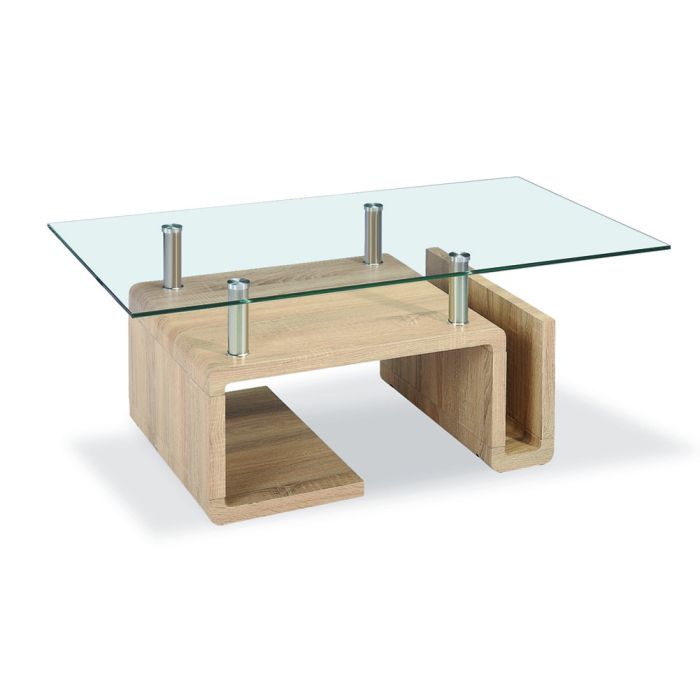 Builth stylish Shape Coffee Table Glass Top with Side Magazine Pocket - Natural