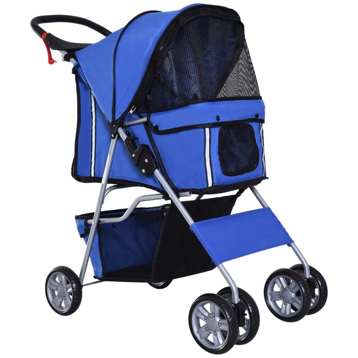 Dog Pram Pet Stroller Dog Pushchair Foldable Travel Carriage with Wheels Zipper Entry Cup Holder Storage Basket Blue