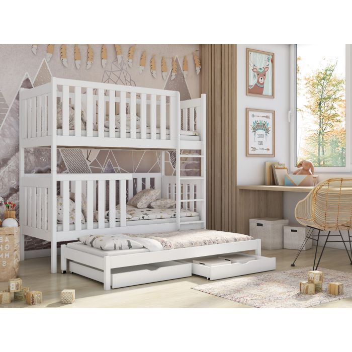 Persian Wooden 2 Drawer Storage Kids Bunk Bed with Trundle and Bonnell Foam Mattress - White