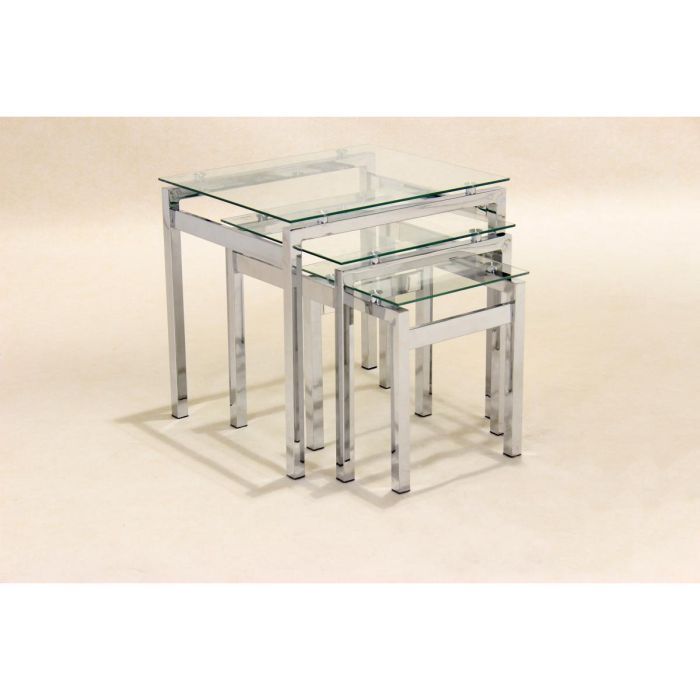 Clydebank Nest of 3 Tables Set with Chrome Steel Frame - Clear Glass