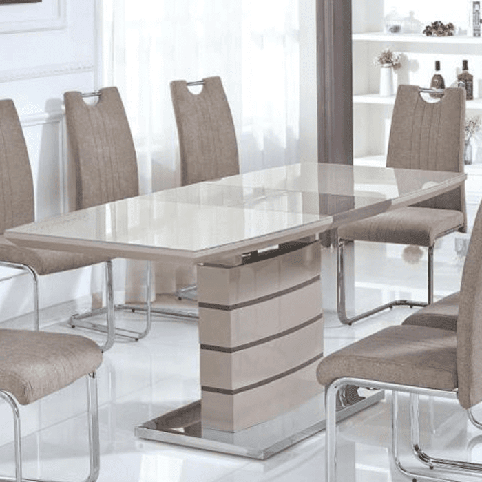 Birkenhead Extendable High Gloss Dining Table Chic with Tempered Glass Top Elegance in Cappuccino and Champagne