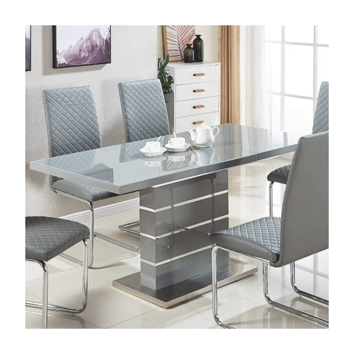Lesbury High Gloss Extendable Dining Table Stainless Steel Base with Clear Tempered Glass Top - Grey and Silver