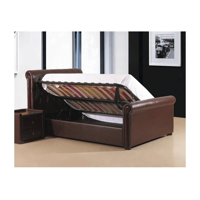 Fowey Double Size PU Leather Bed with Right Hand Side Storage - Brown