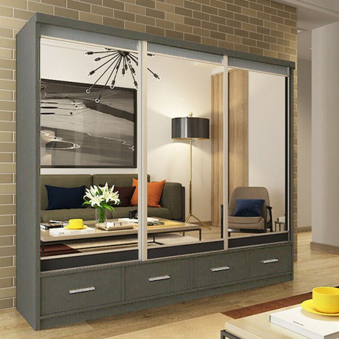 Newry Grey Sliding Door Mirrored Large Wardrobe with Drawers - 250cm